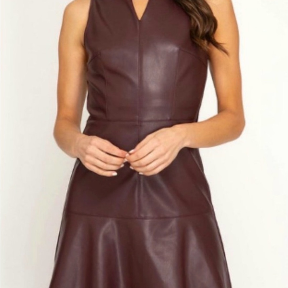 She + Sky Sleeveless Burgundy Faux Leather A-Line Dress